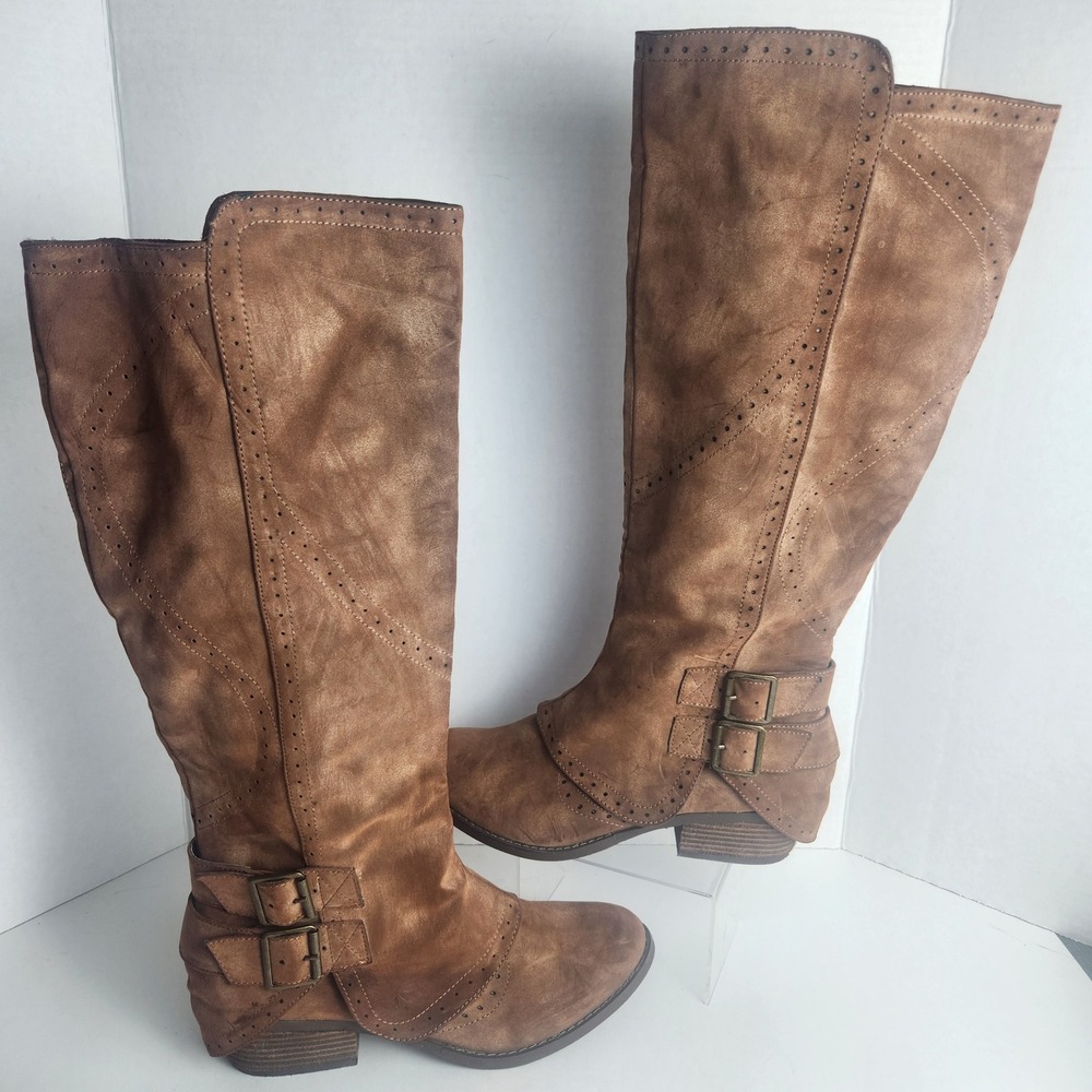 Not Rated Tan Brown Faux Suede Tall Knee High Brogue Buckle Boots size 7